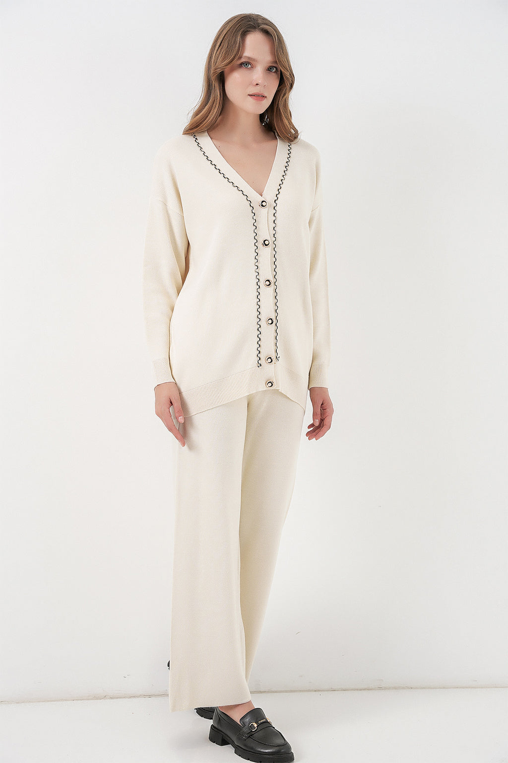 Kadın Hırka Pantolon Triko İkili Takım 15956 - Ekru