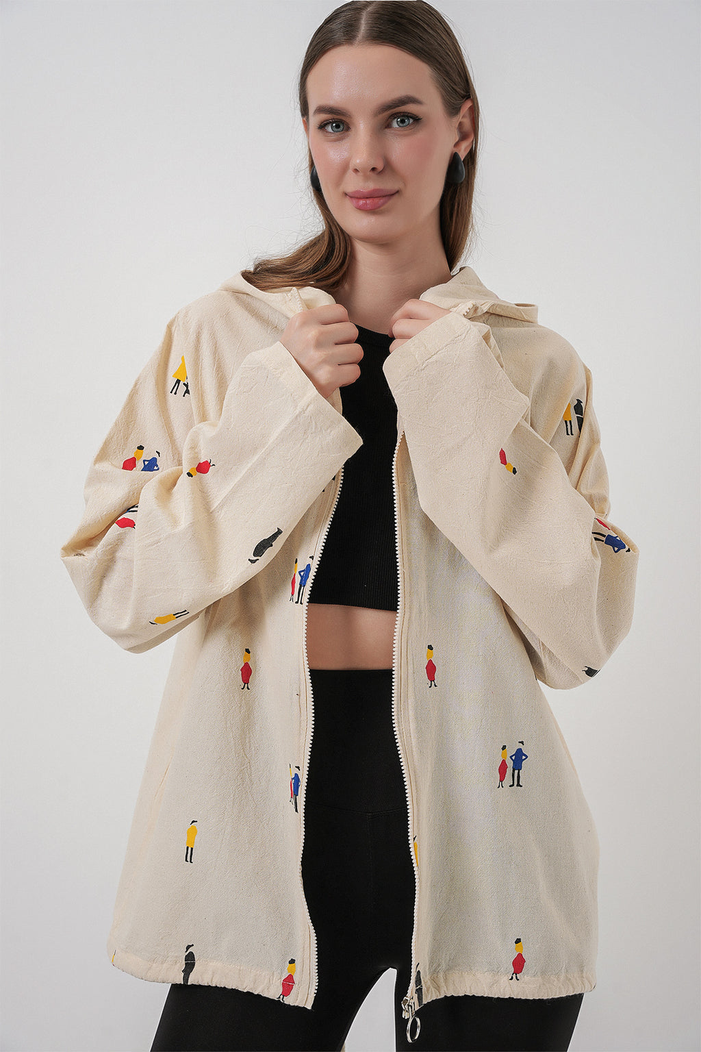 Kadın Kapüşonlu Desenli Keten Ceket 0736 - Ekru