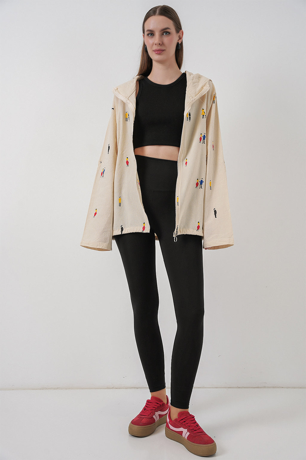 Kadın Kapüşonlu Desenli Keten Ceket 0736 - Ekru