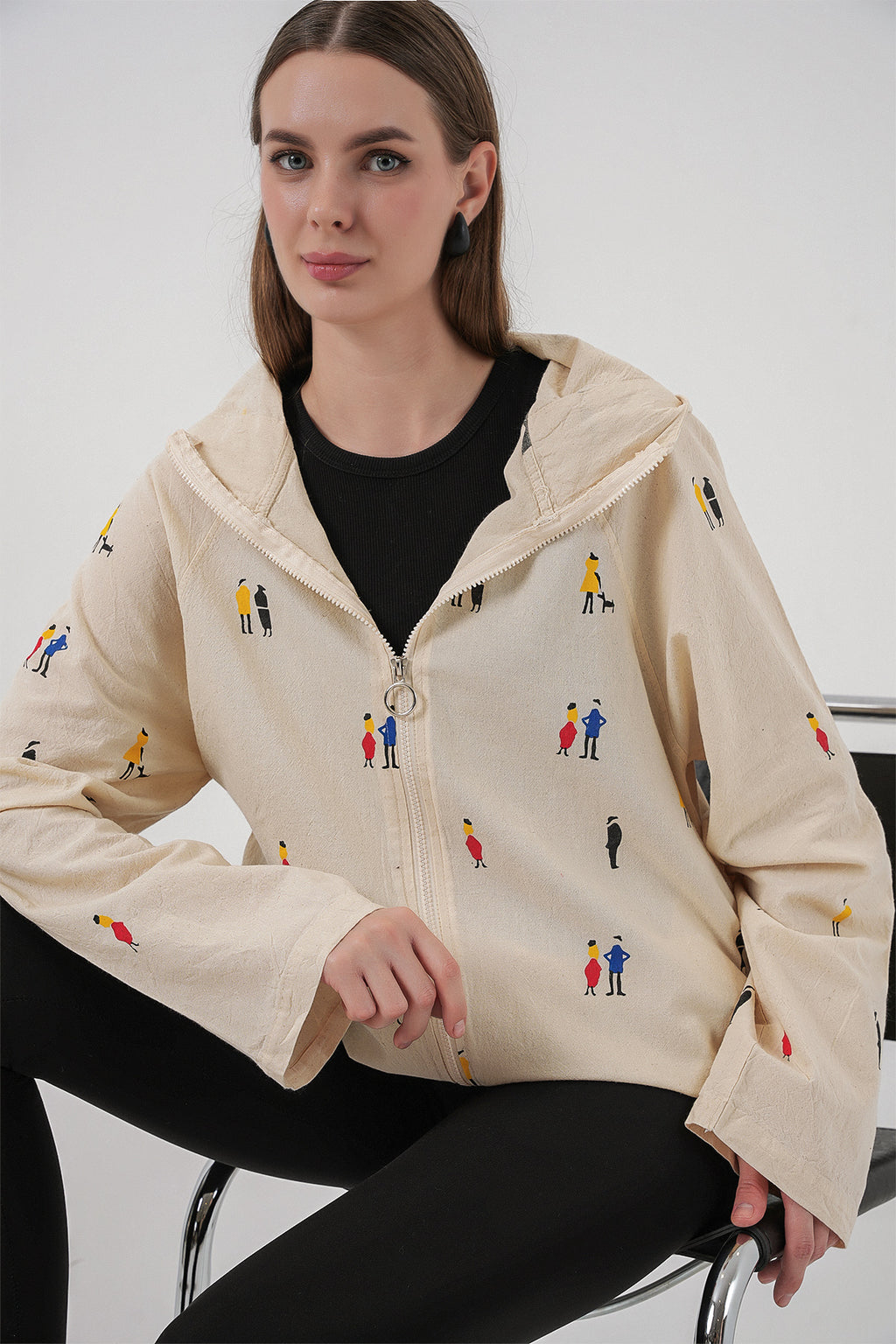 Kadın Kapüşonlu Desenli Keten Ceket 0736 - Ekru