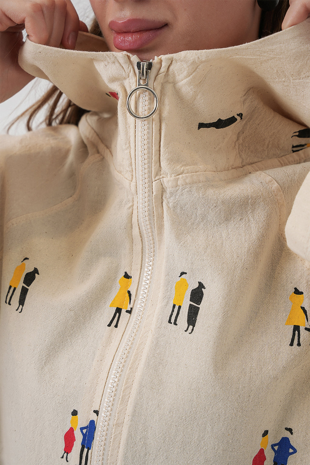 Kadın Kapüşonlu Desenli Keten Ceket 0736 - Ekru