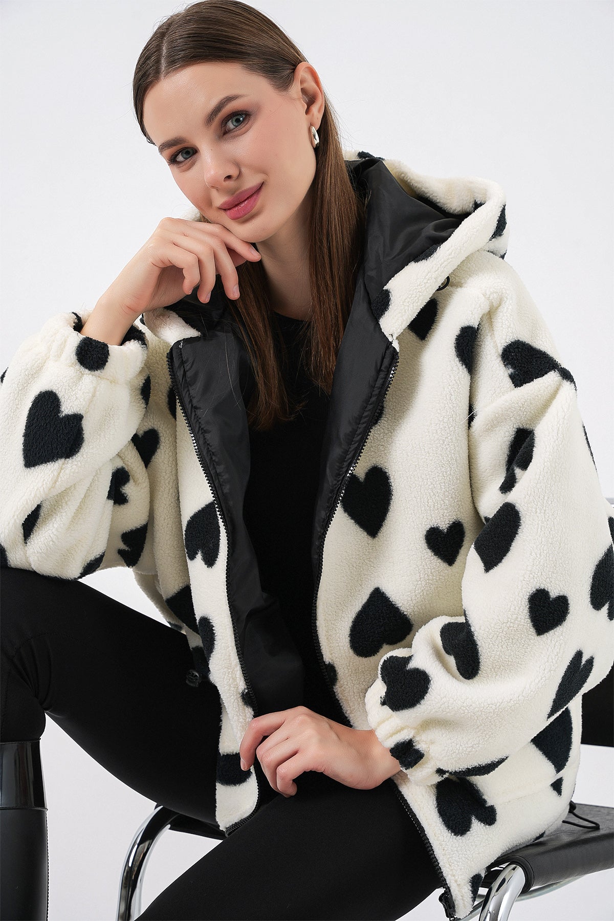 Kadın Kapüşonlu Peluş Ceket 5236 - Ekru