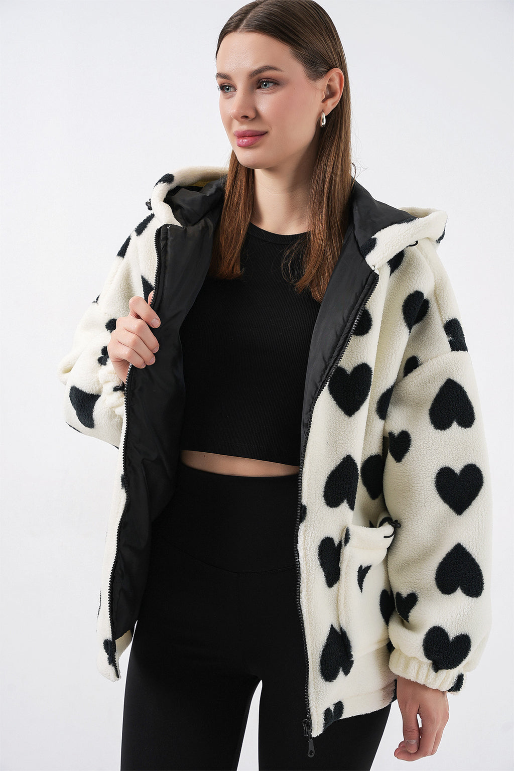 Kadın Kapüşonlu Peluş Ceket 5236 - Ekru