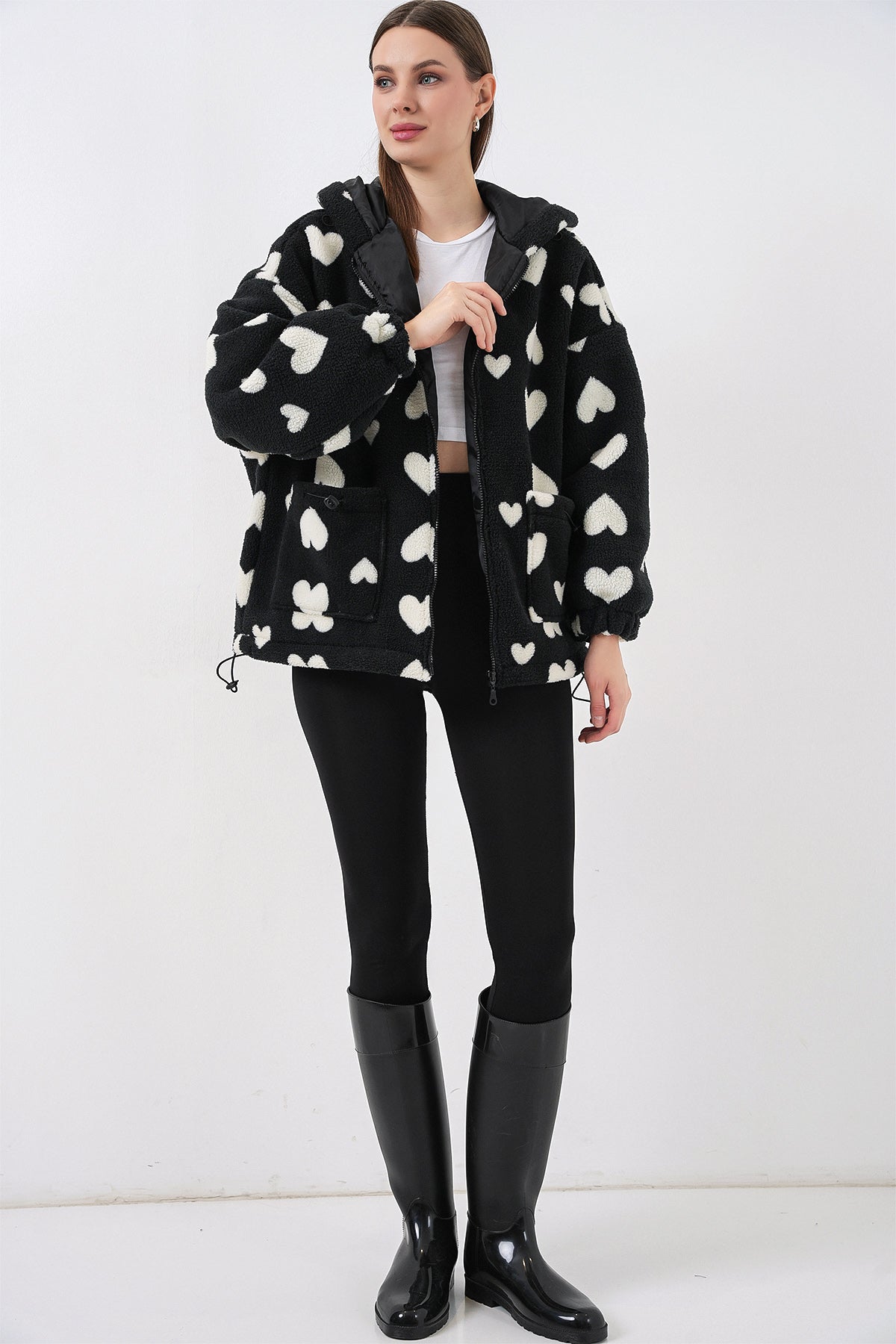 Kadın Kapüşonlu Peluş Ceket 5236 - Siyah