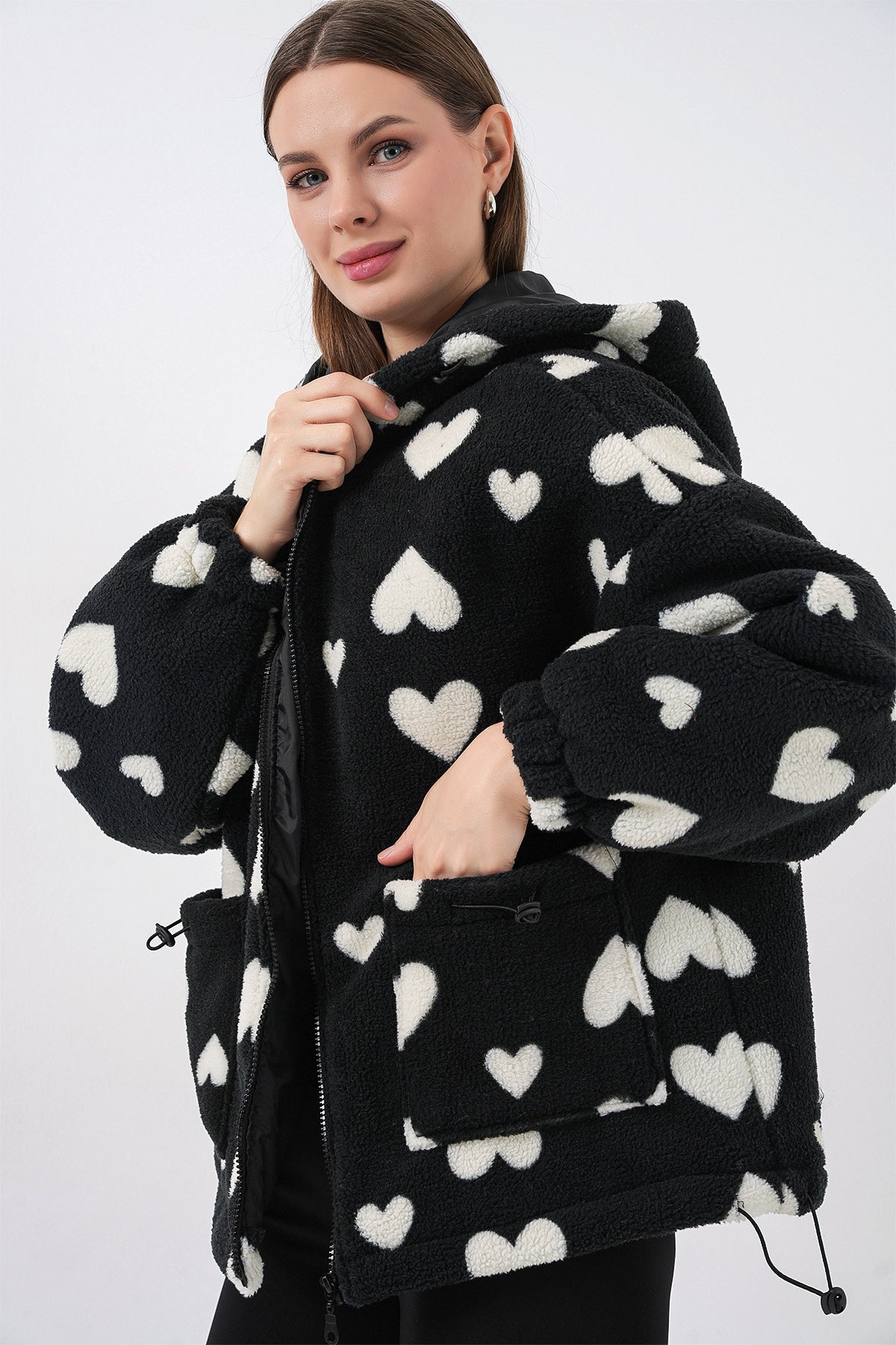 Kadın Kapüşonlu Peluş Ceket 5236 - Siyah