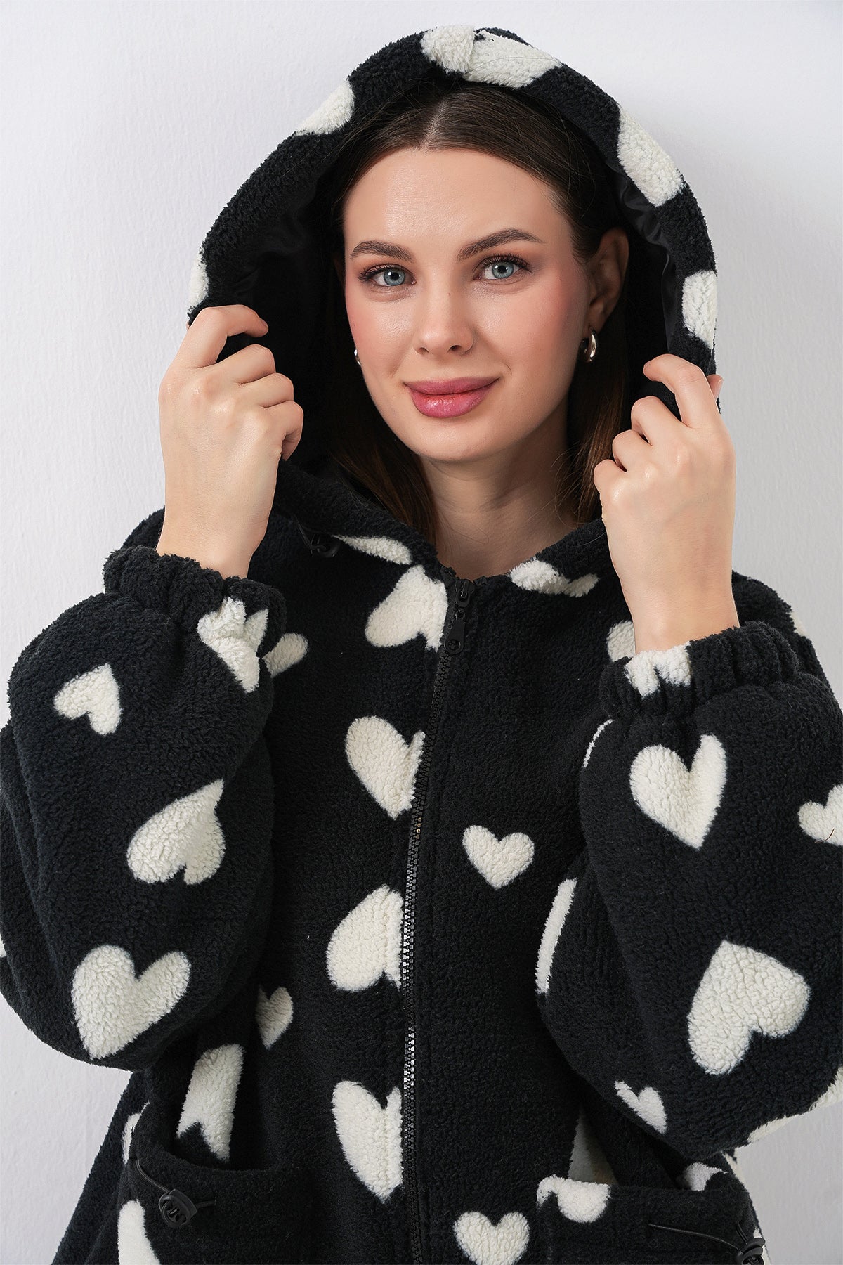 Kadın Kapüşonlu Peluş Ceket 5236 - Siyah