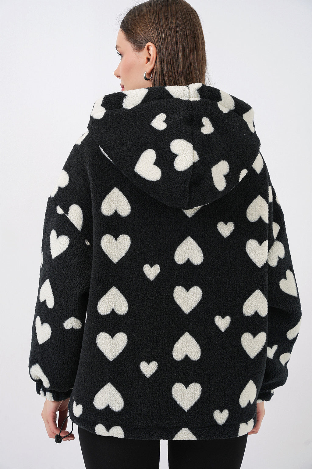 Kadın Kapüşonlu Peluş Ceket 5236 - Siyah