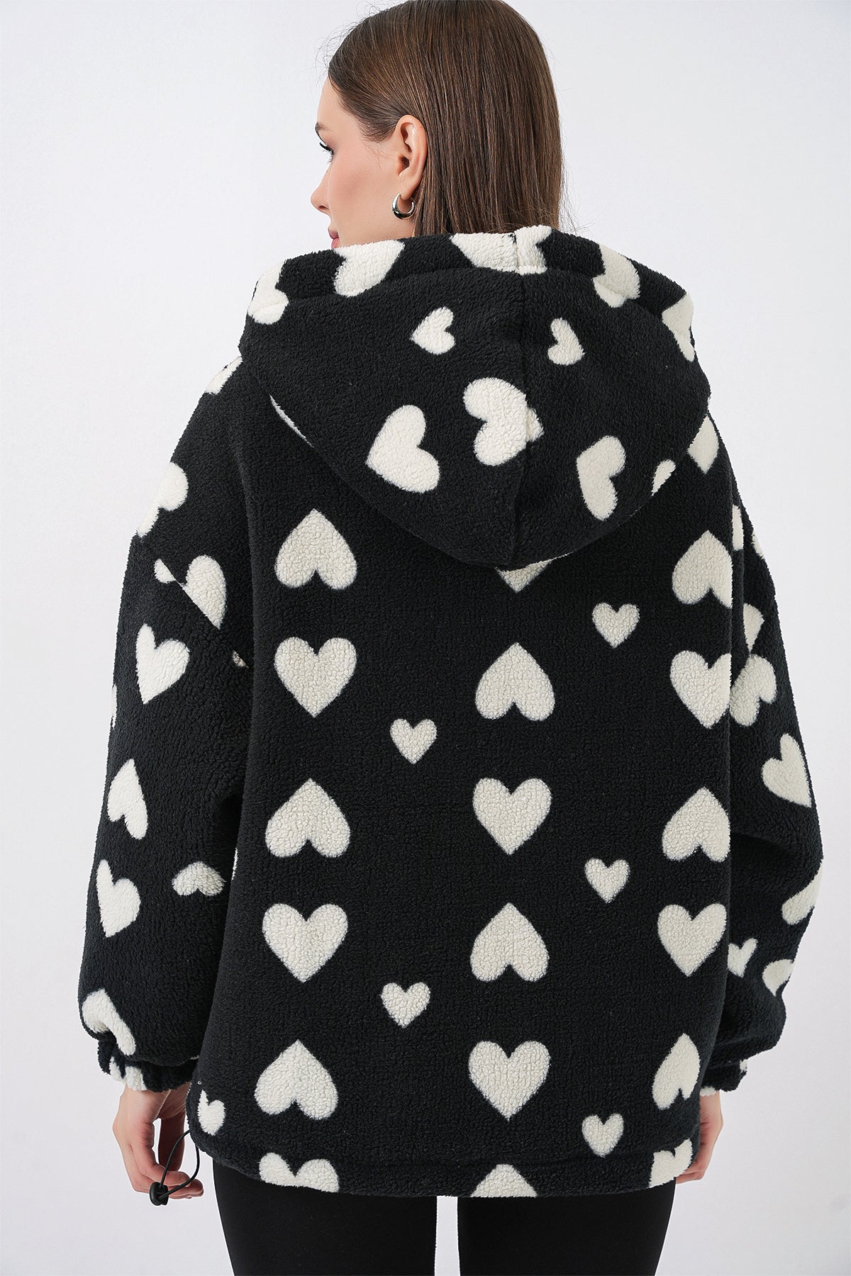 Kadın Kapüşonlu Peluş Ceket 5236 - Siyah