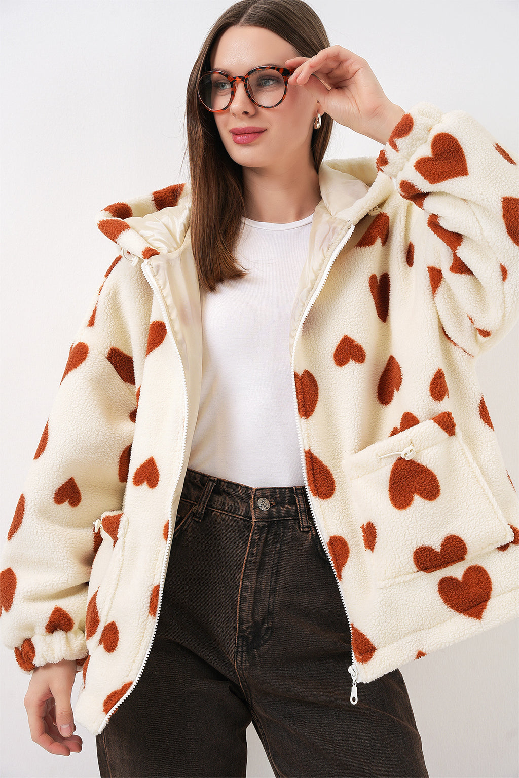 Kadın Kapüşonlu Peluş Ceket 5236 - Taba