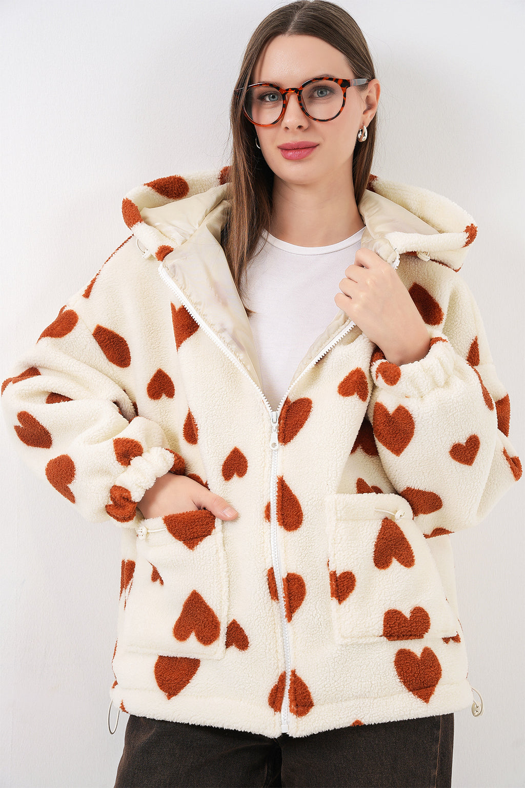 Kadın Kapüşonlu Peluş Ceket 5236 - Taba