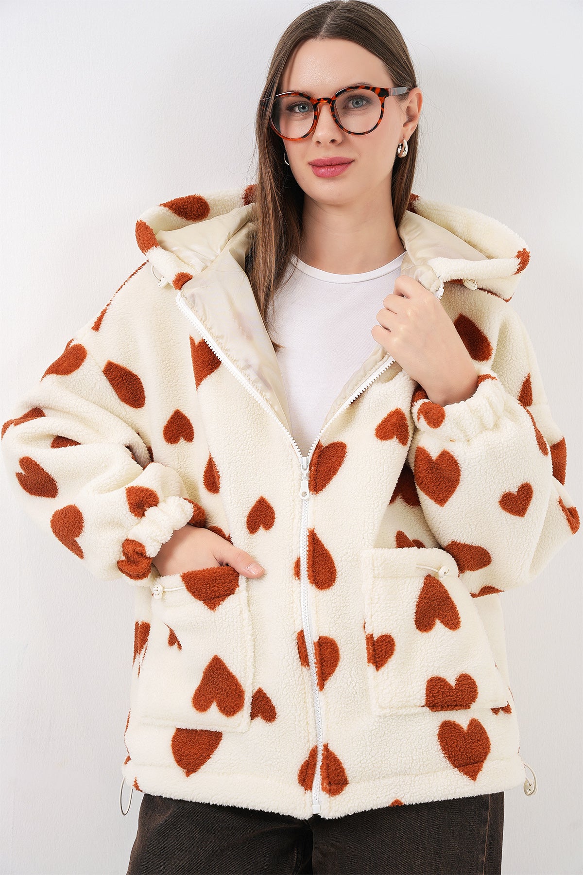 Kadın Kapüşonlu Peluş Ceket 5236 - Taba