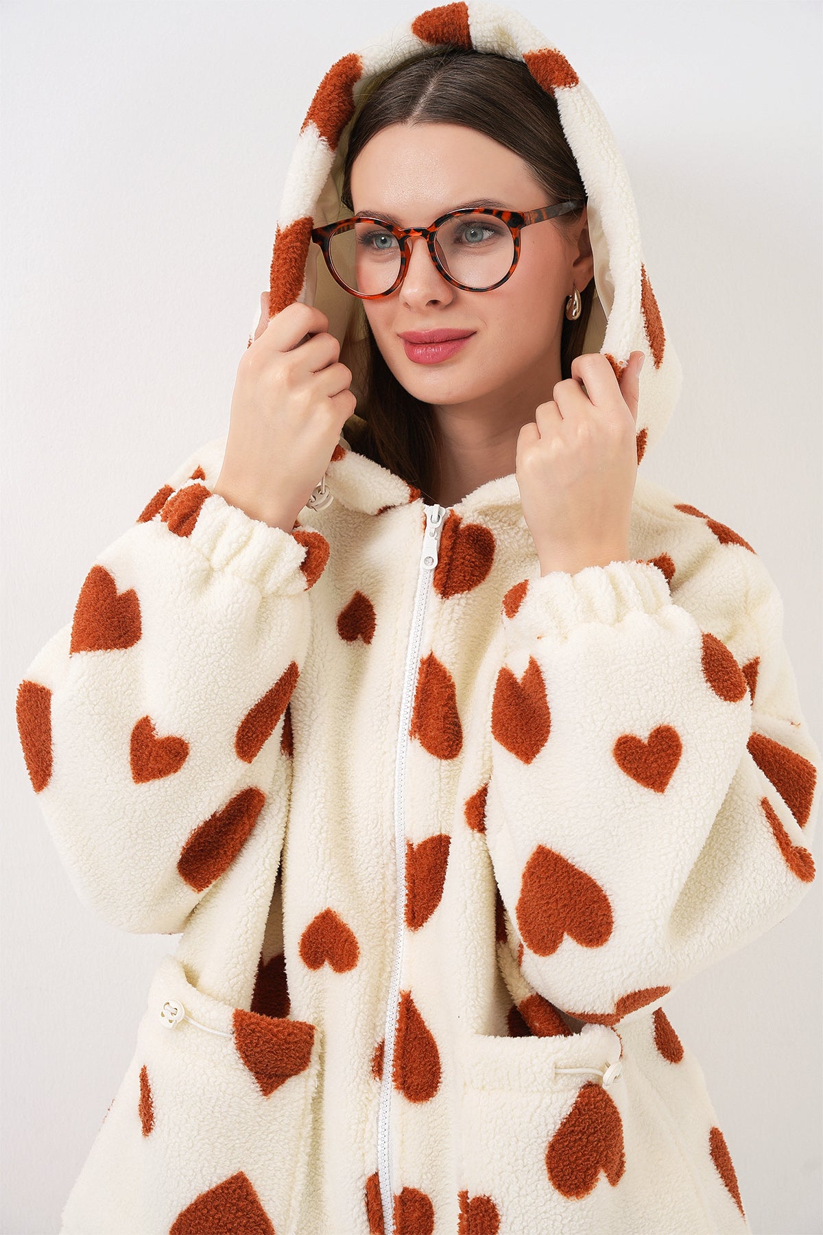 Kadın Kapüşonlu Peluş Ceket 5236 - Taba