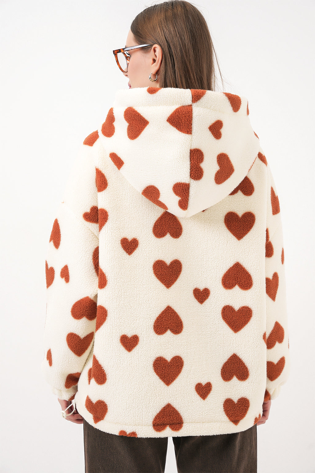 Kadın Kapüşonlu Peluş Ceket 5236 - Taba