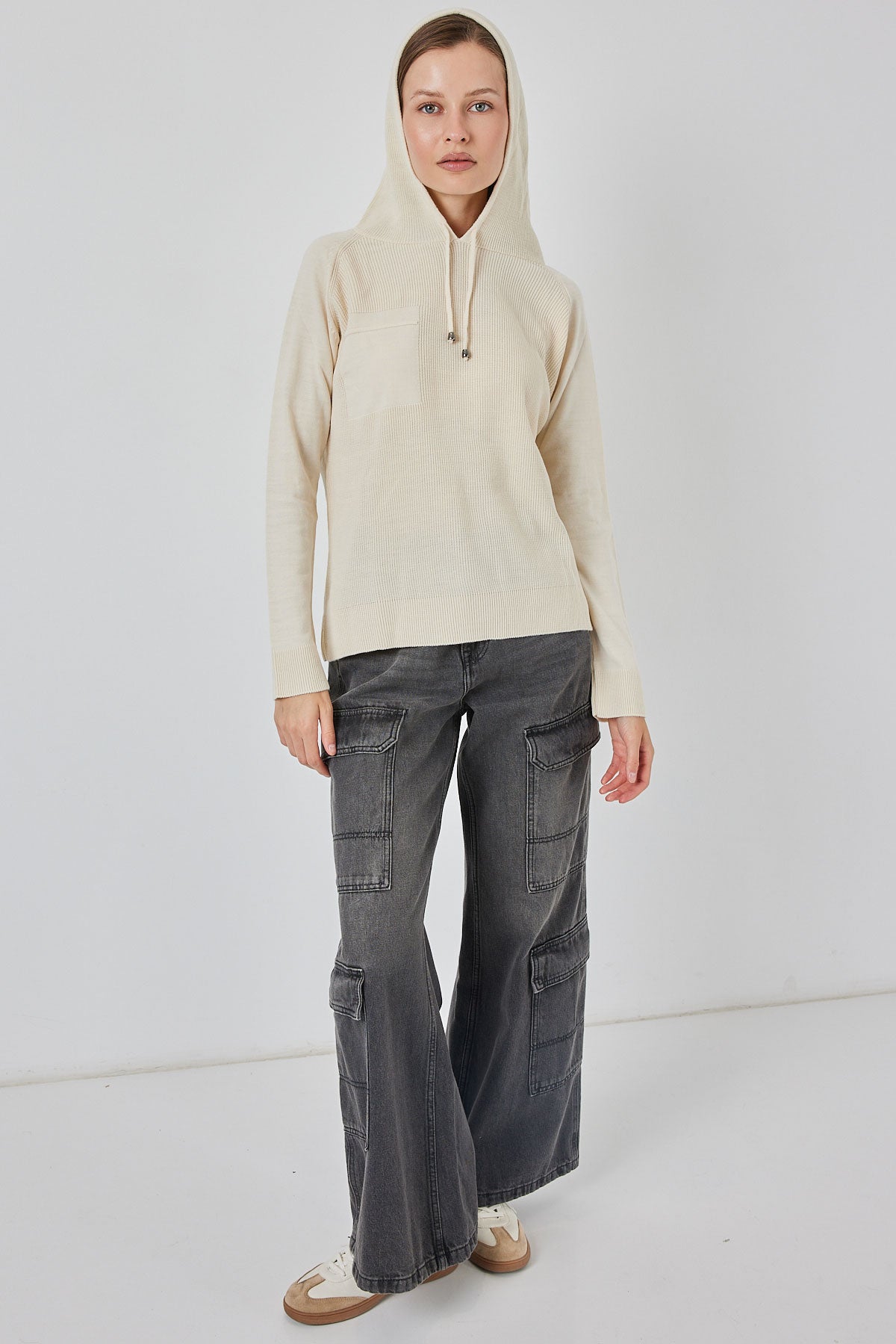 Kadın Kapüşonlu Triko Kazak 15941 - Ekru