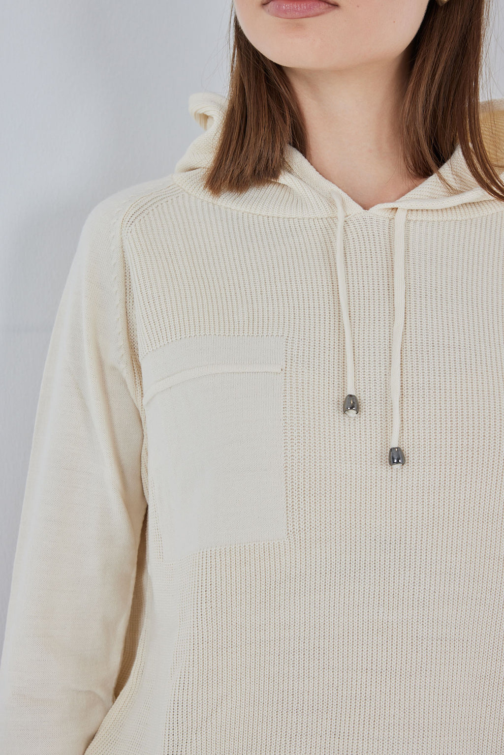 Kadın Kapüşonlu Triko Kazak 15941 - Ekru