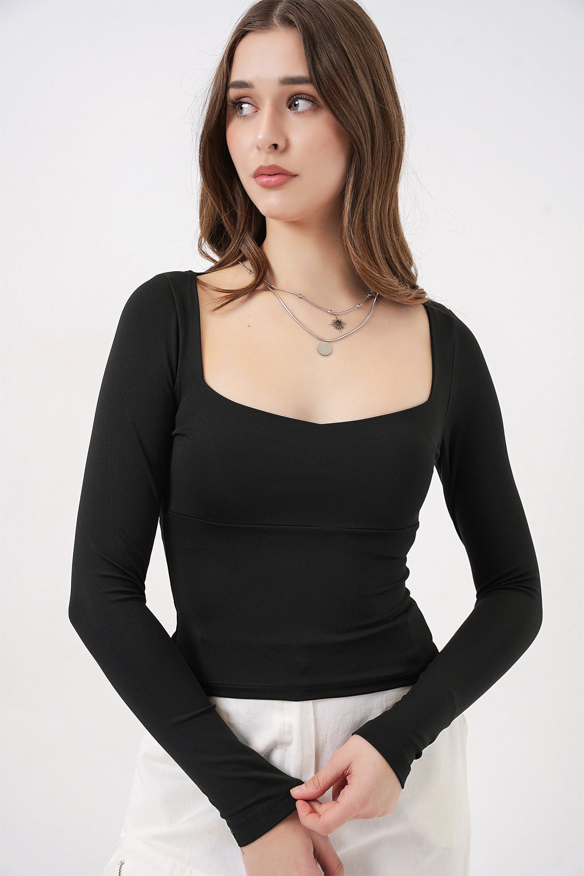 Kadın Kare Yaka Slim Fit Bluz 986 - Siyah