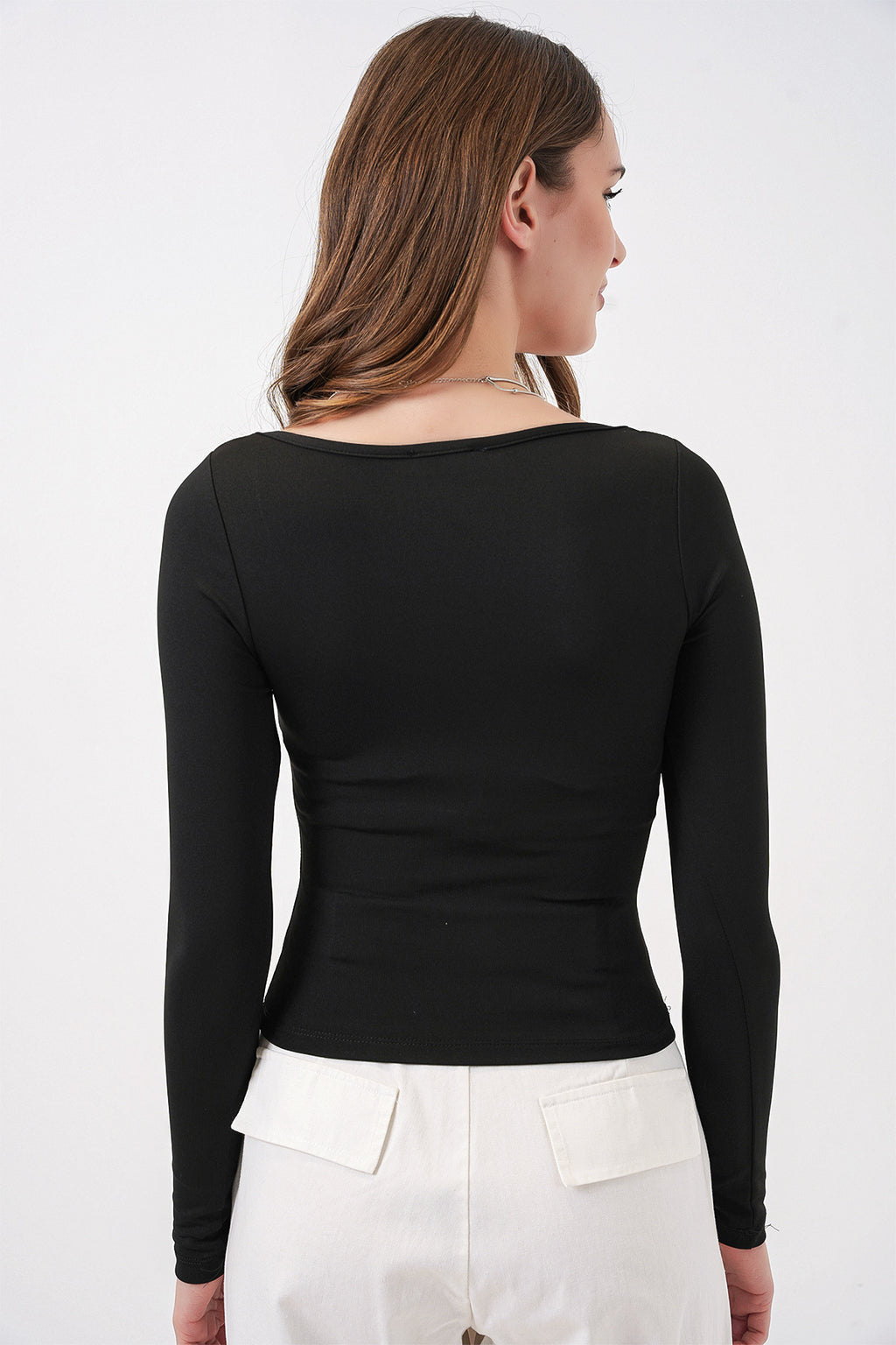 Kadın Kare Yaka Slim Fit Bluz 986 - Siyah