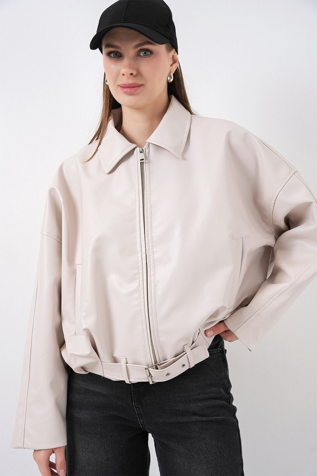 Kadın Kemer Detaylı Deri Ceket 1056 - Ekru