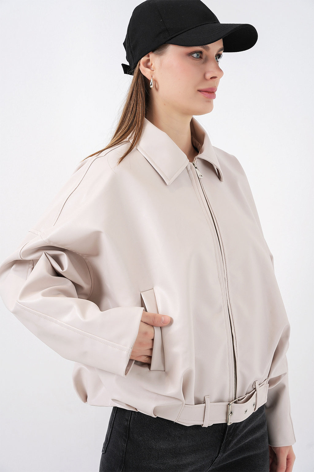 Kadın Kemer Detaylı Deri Ceket 1056 - Ekru