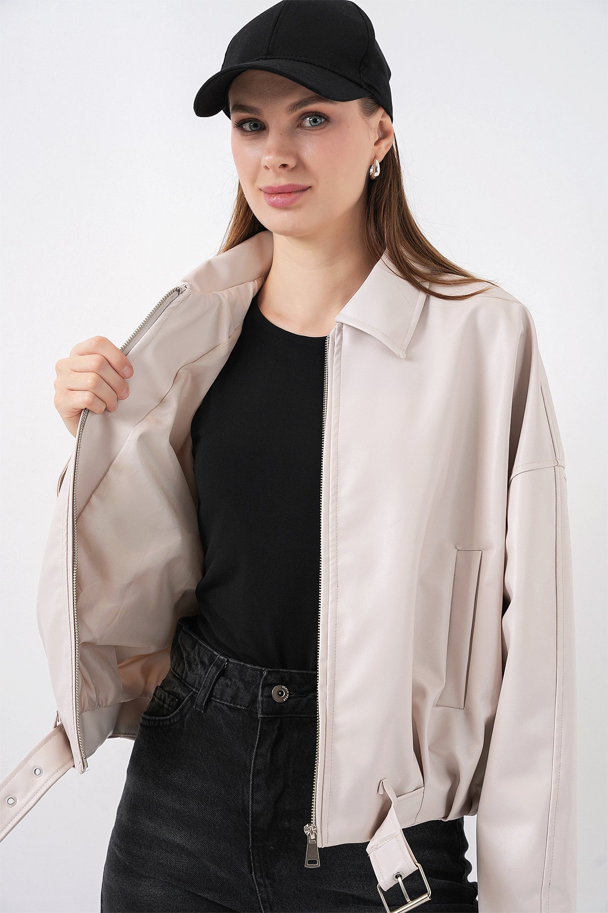 Kadın Kemer Detaylı Deri Ceket 1056 - Ekru