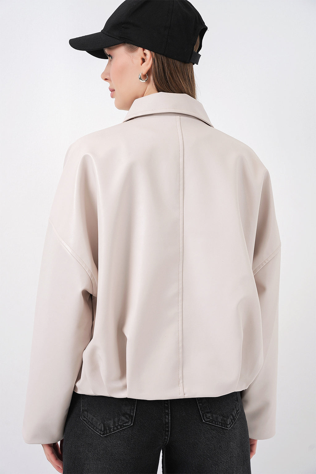 Kadın Kemer Detaylı Deri Ceket 1056 - Ekru