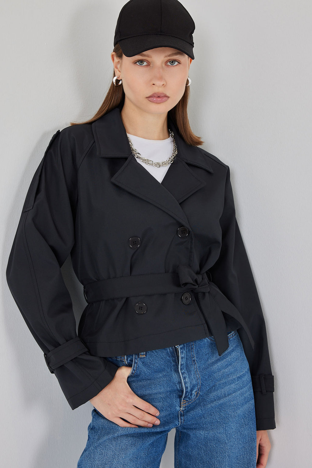 Kadın Kemerli Kısa Trençkot 5970 - Siyah