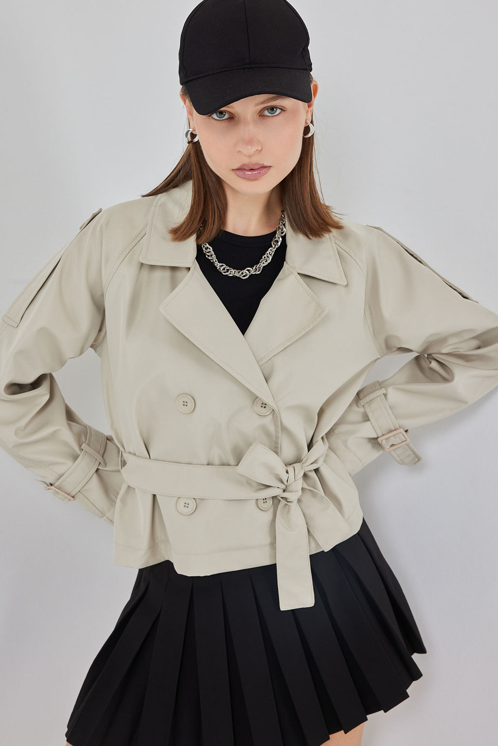 Kadın Kemerli Kısa Trençkot 5970 - Taş