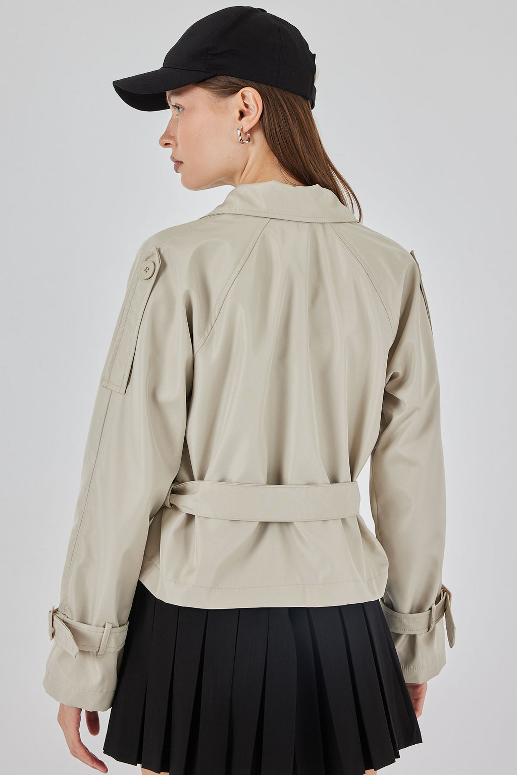 Kadın Kemerli Kısa Trençkot 5970 - Taş