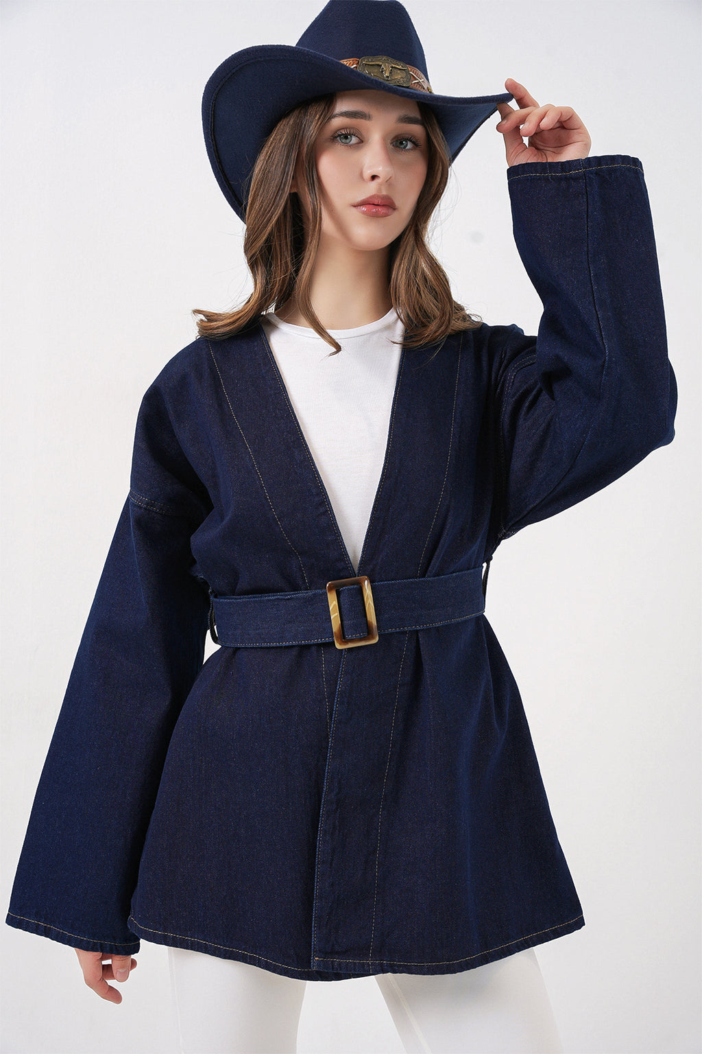 Kadın Kemerli Kot Ceket Tunik 5985 - Lacivert