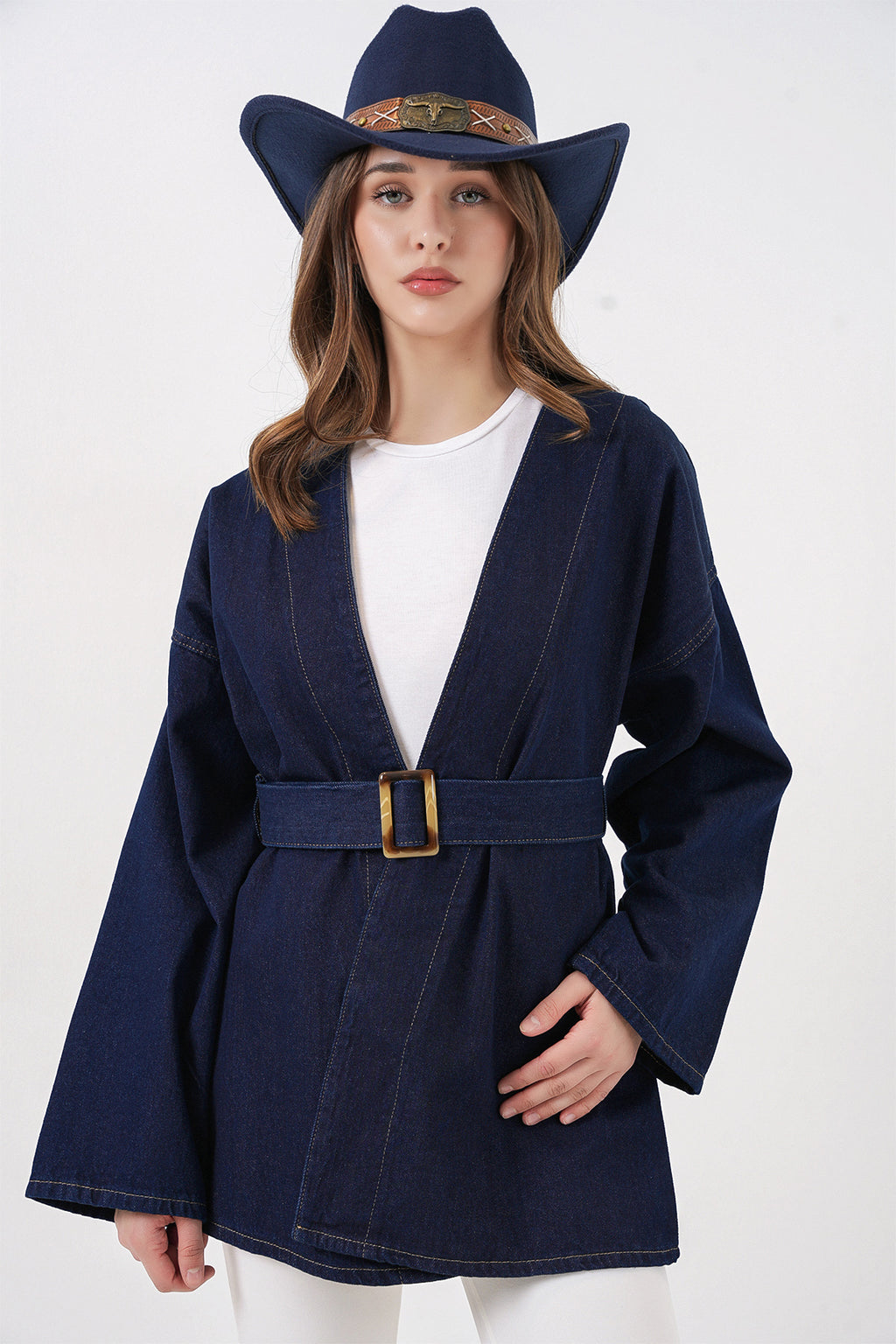 Kadın Kemerli Kot Ceket Tunik 5985 - Lacivert