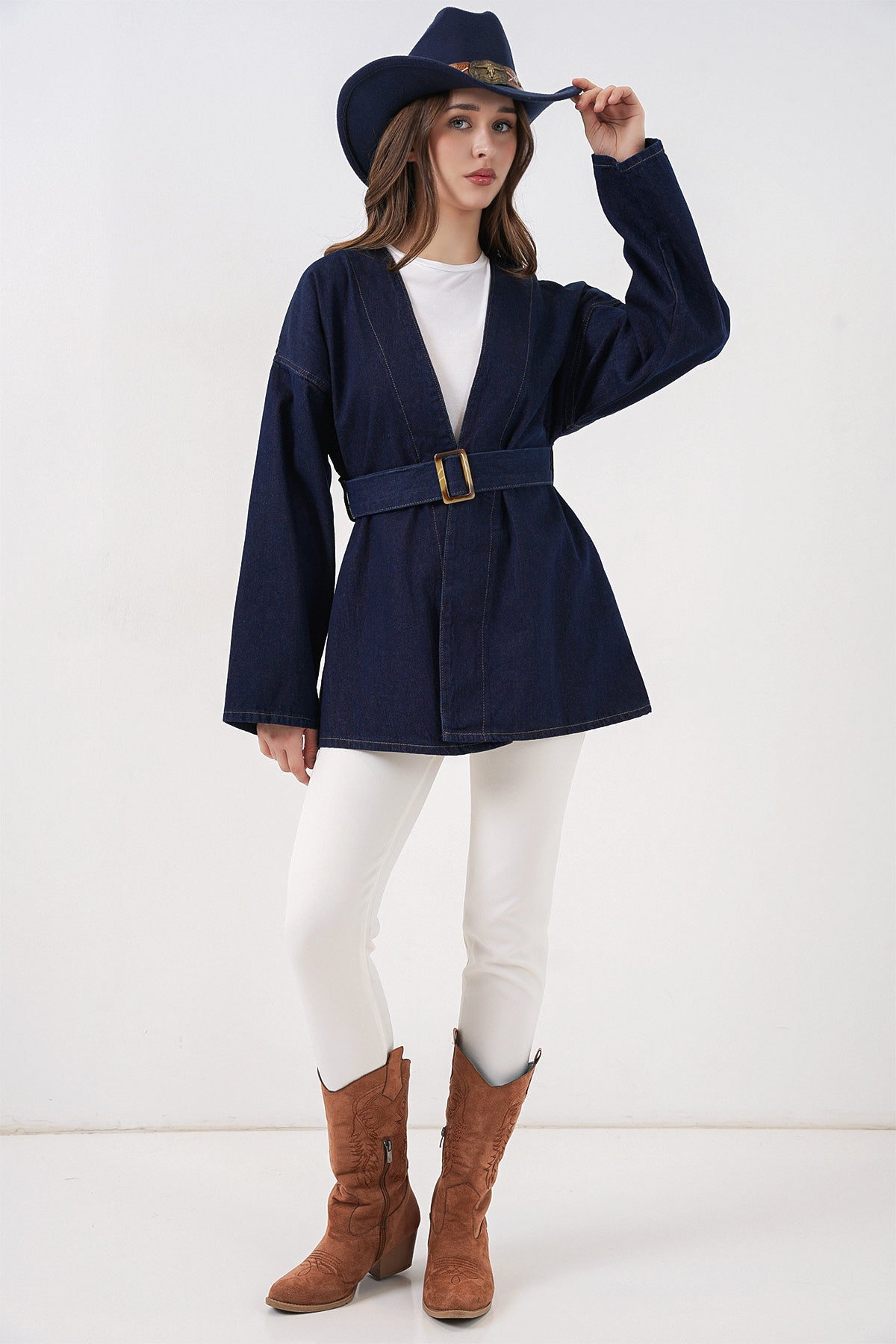 Kadın Kemerli Kot Ceket Tunik 5985 - Lacivert