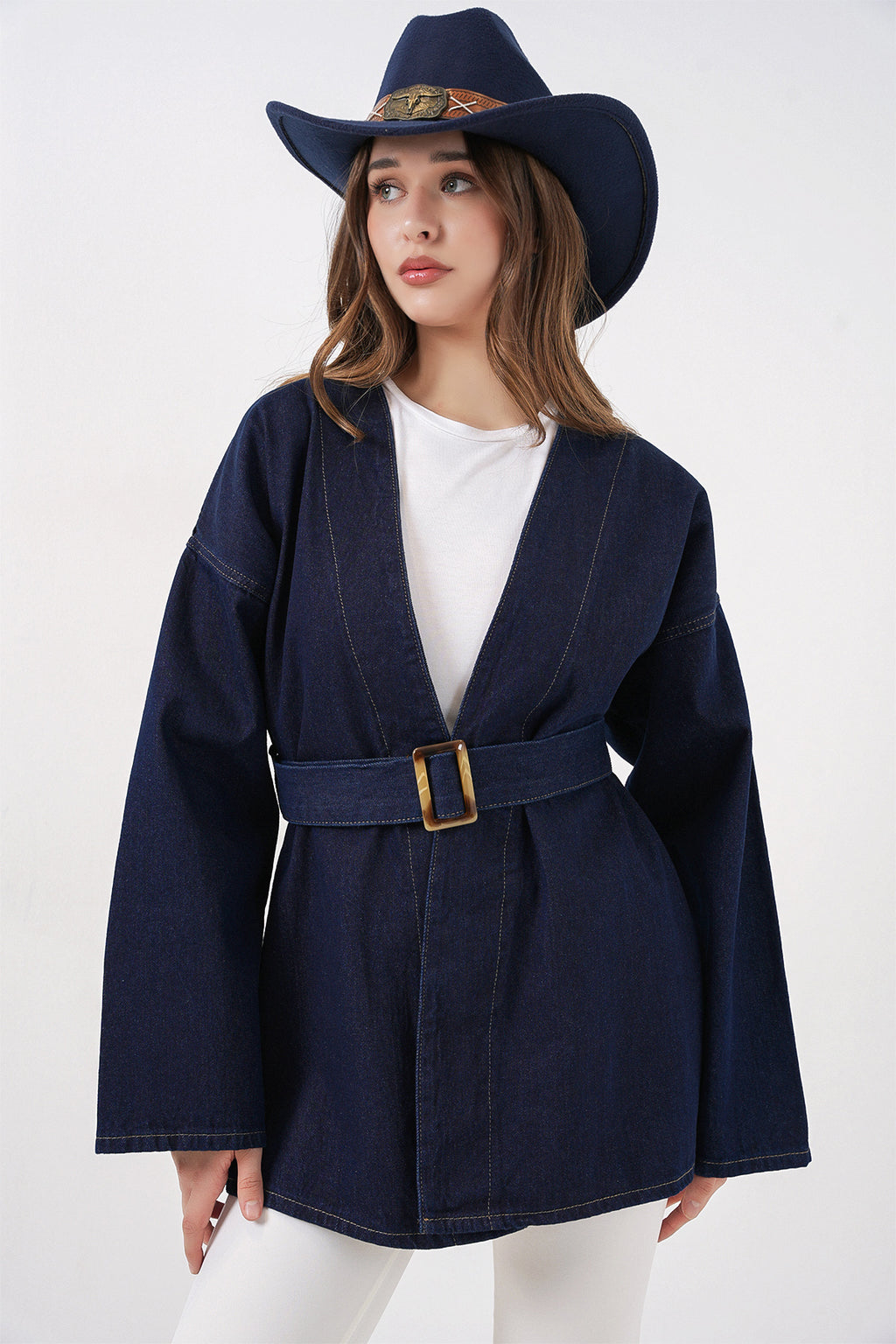 Kadın Kemerli Kot Ceket Tunik 5985 - Lacivert