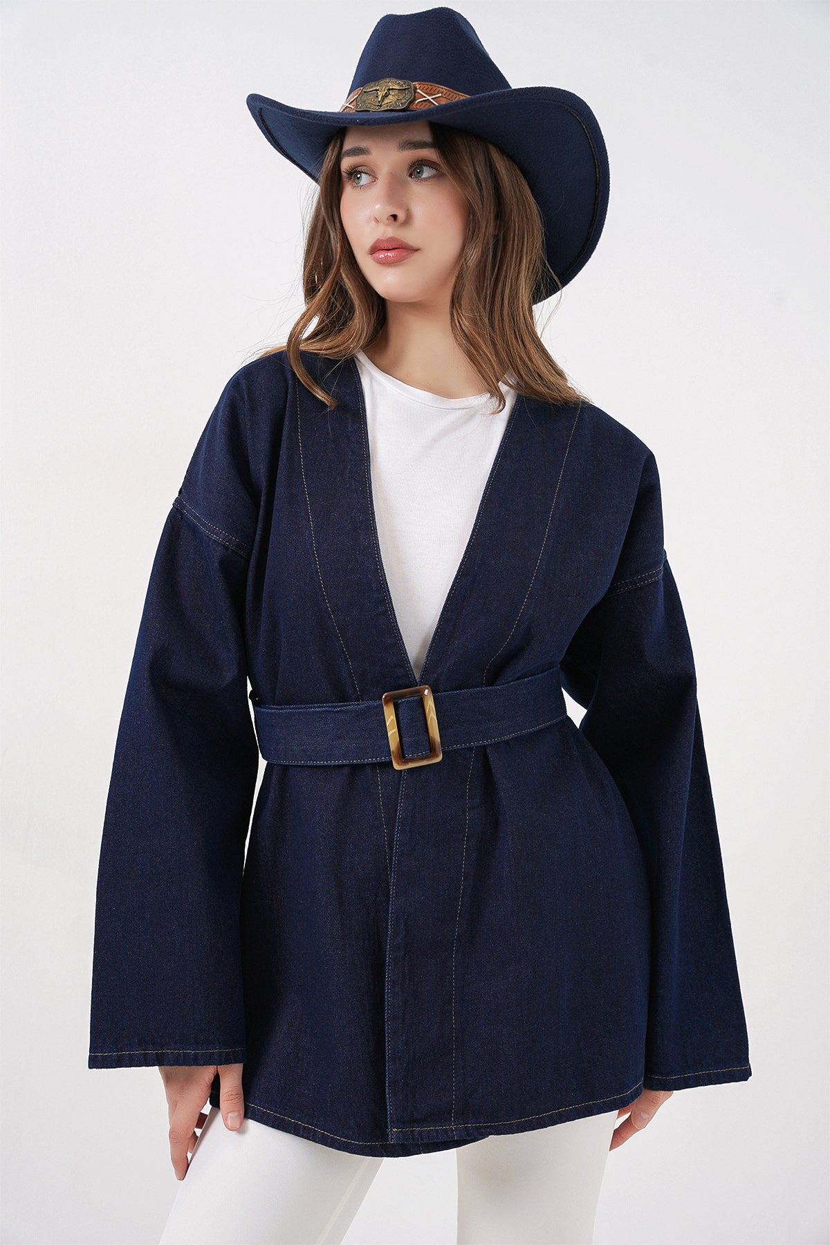 Kadın Kemerli Kot Ceket Tunik 5985 - Lacivert