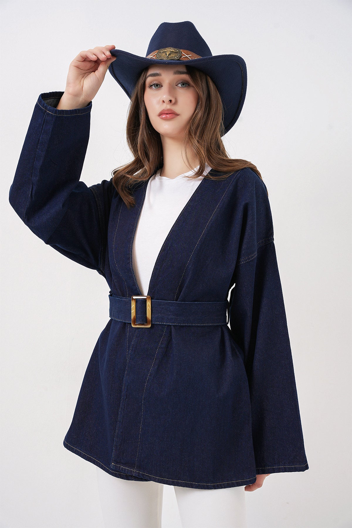 Kadın Kemerli Kot Ceket Tunik 5985 - Lacivert