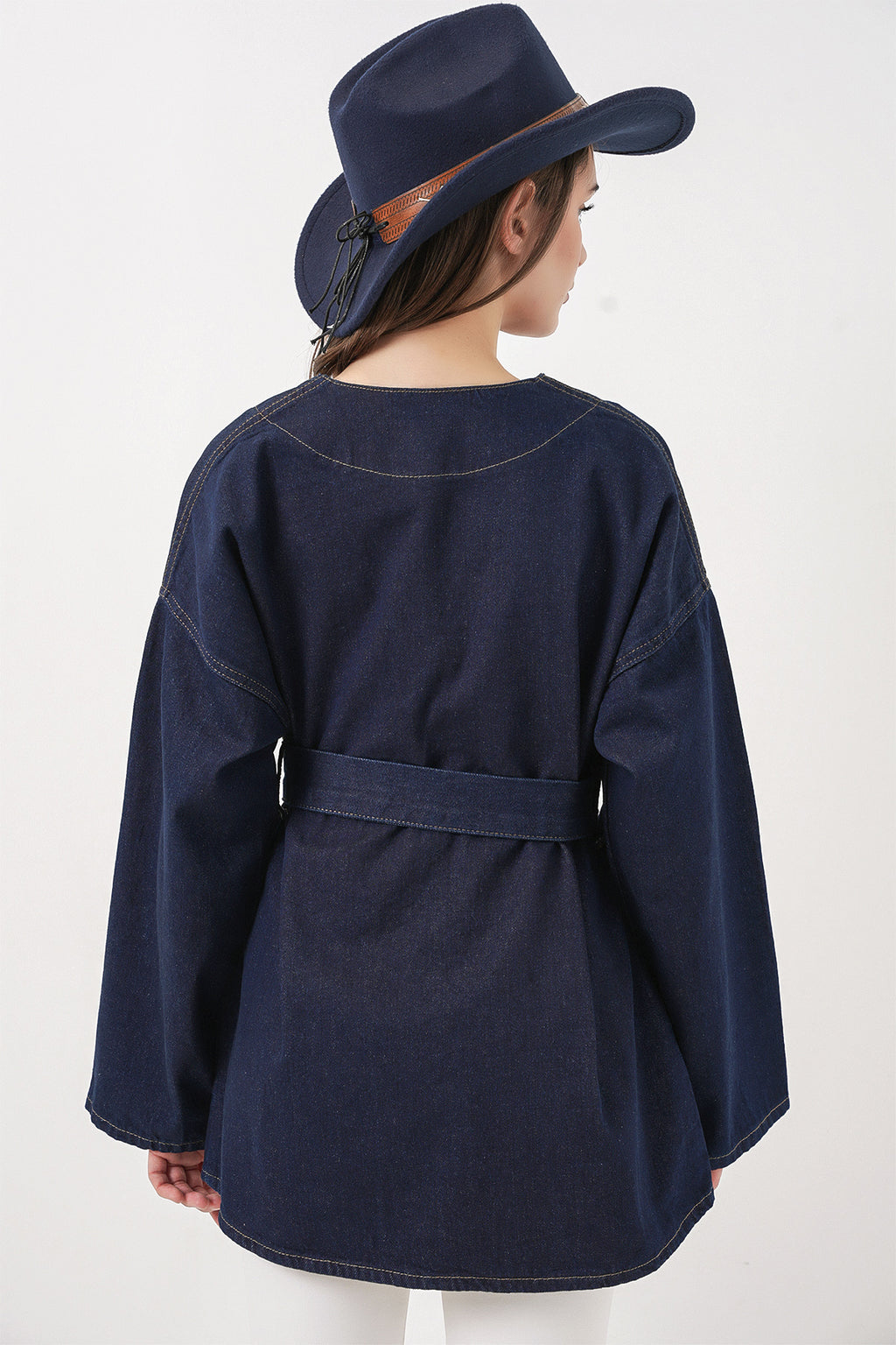Kadın Kemerli Kot Ceket Tunik 5985 - Lacivert