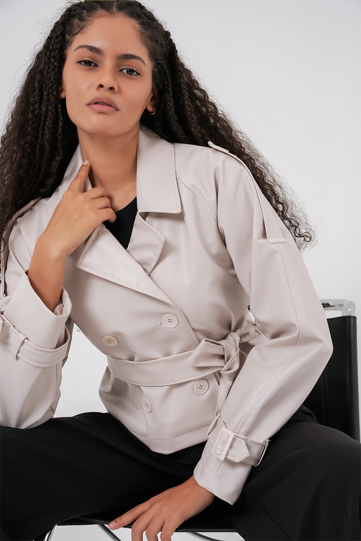 Kadın Kemerli Suni Deri Ceket 1046 - Ekru