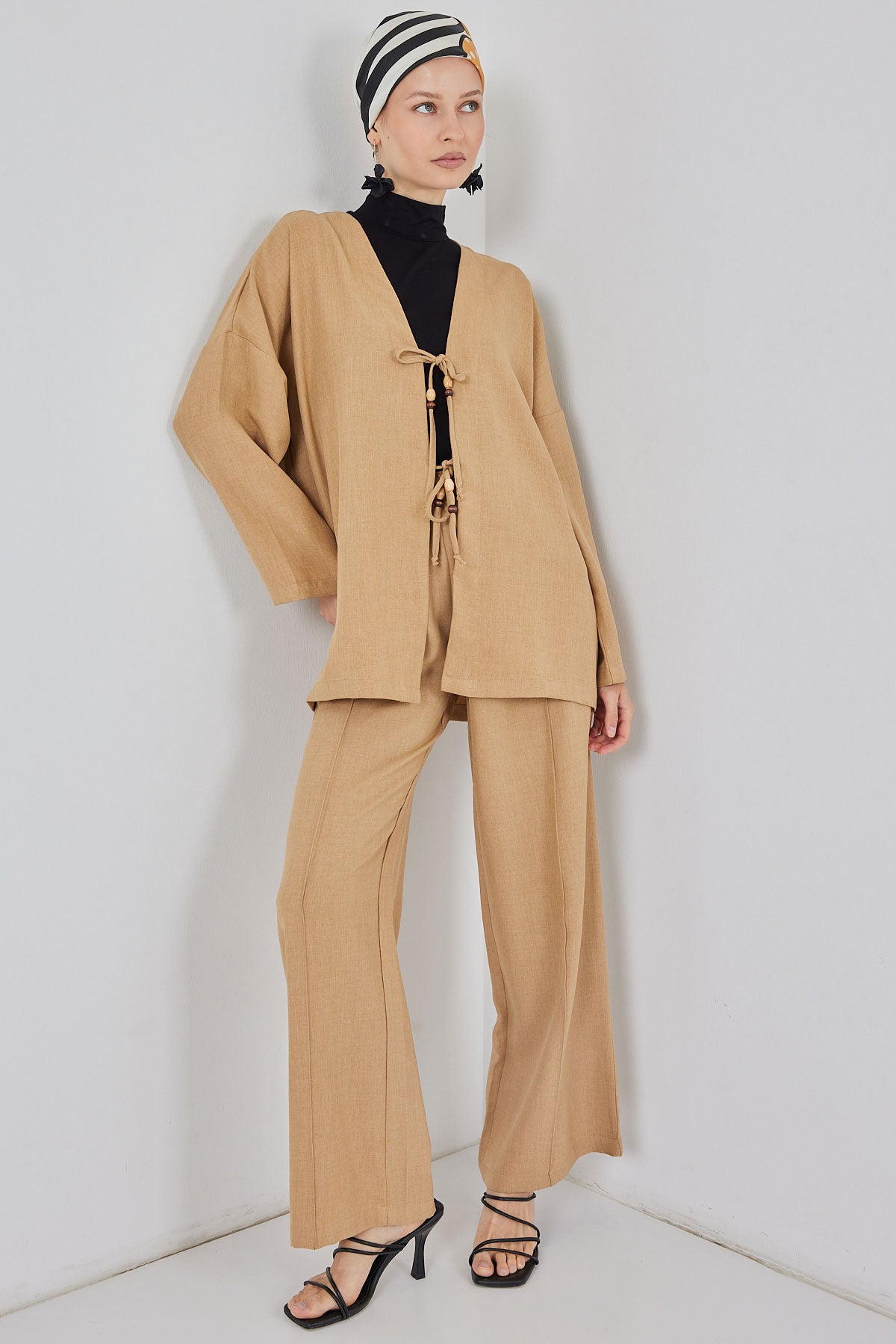 Kadın Keten Kimono İkili Takım 6727 - Bisküvi