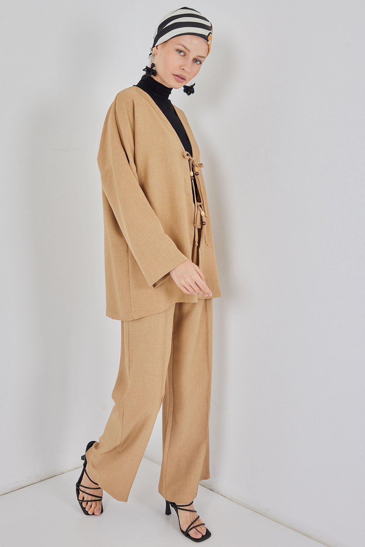 Kadın Keten Kimono İkili Takım 6727 - Bisküvi