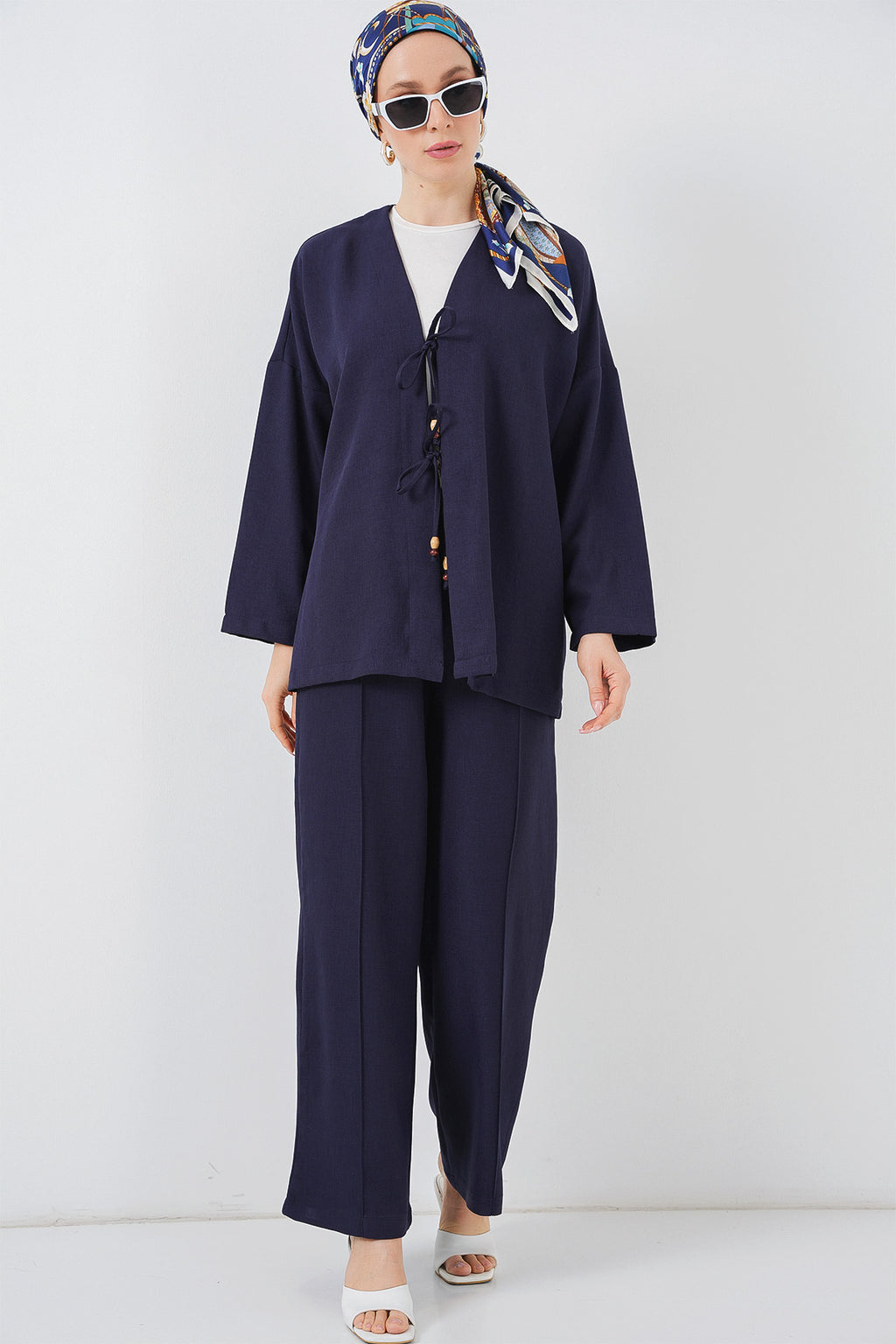 Kadın Keten Kimono İkili Takım 6727 - Lacivert