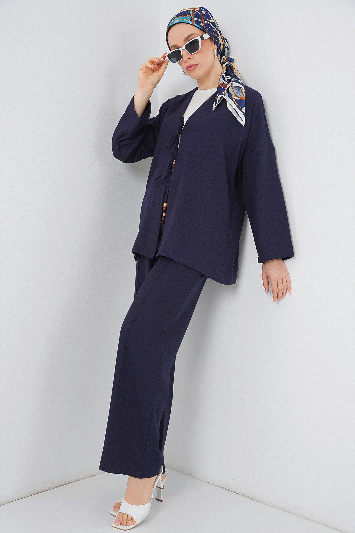 Kadın Keten Kimono İkili Takım 6727 - Lacivert