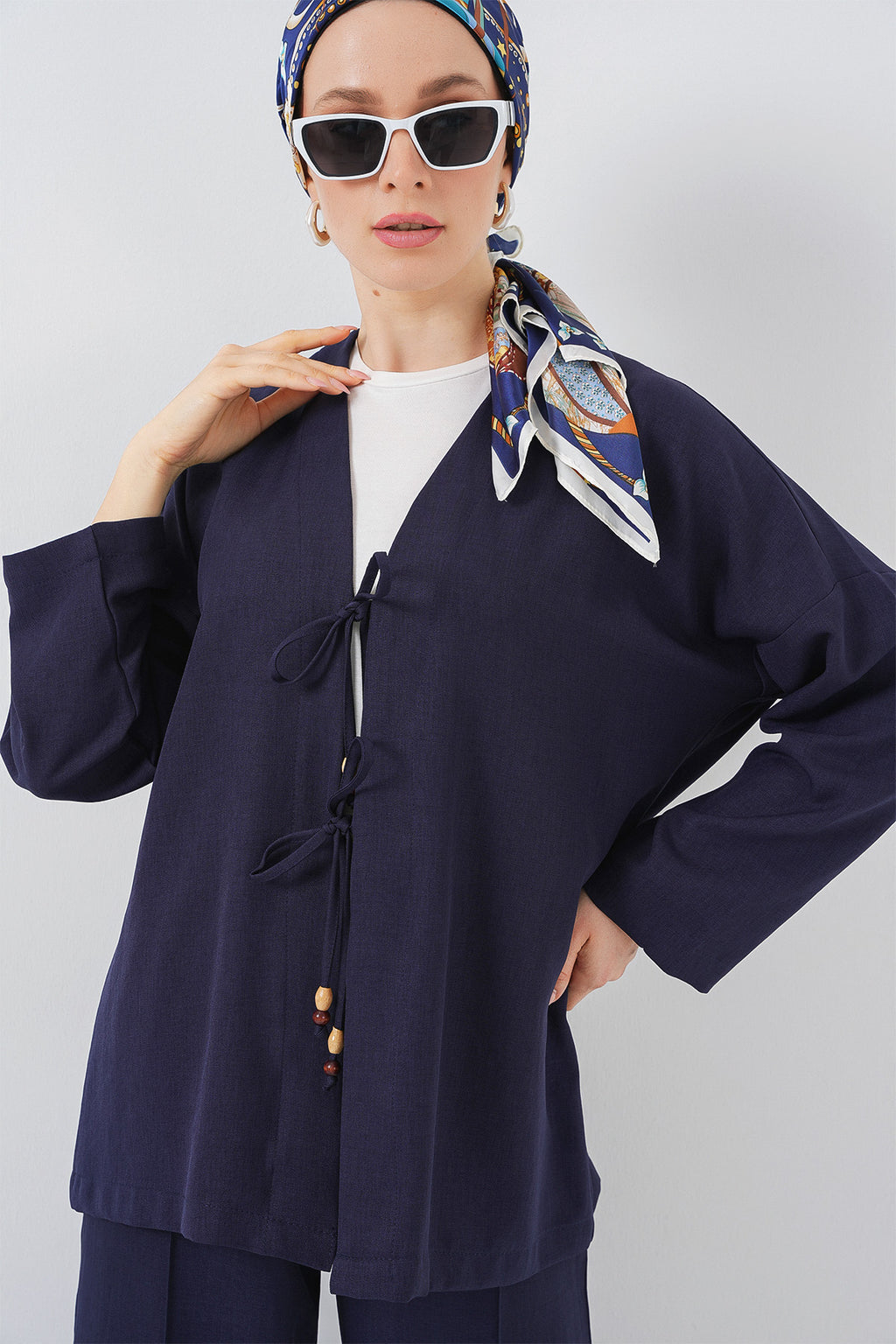 Kadın Keten Kimono İkili Takım 6727 - Lacivert