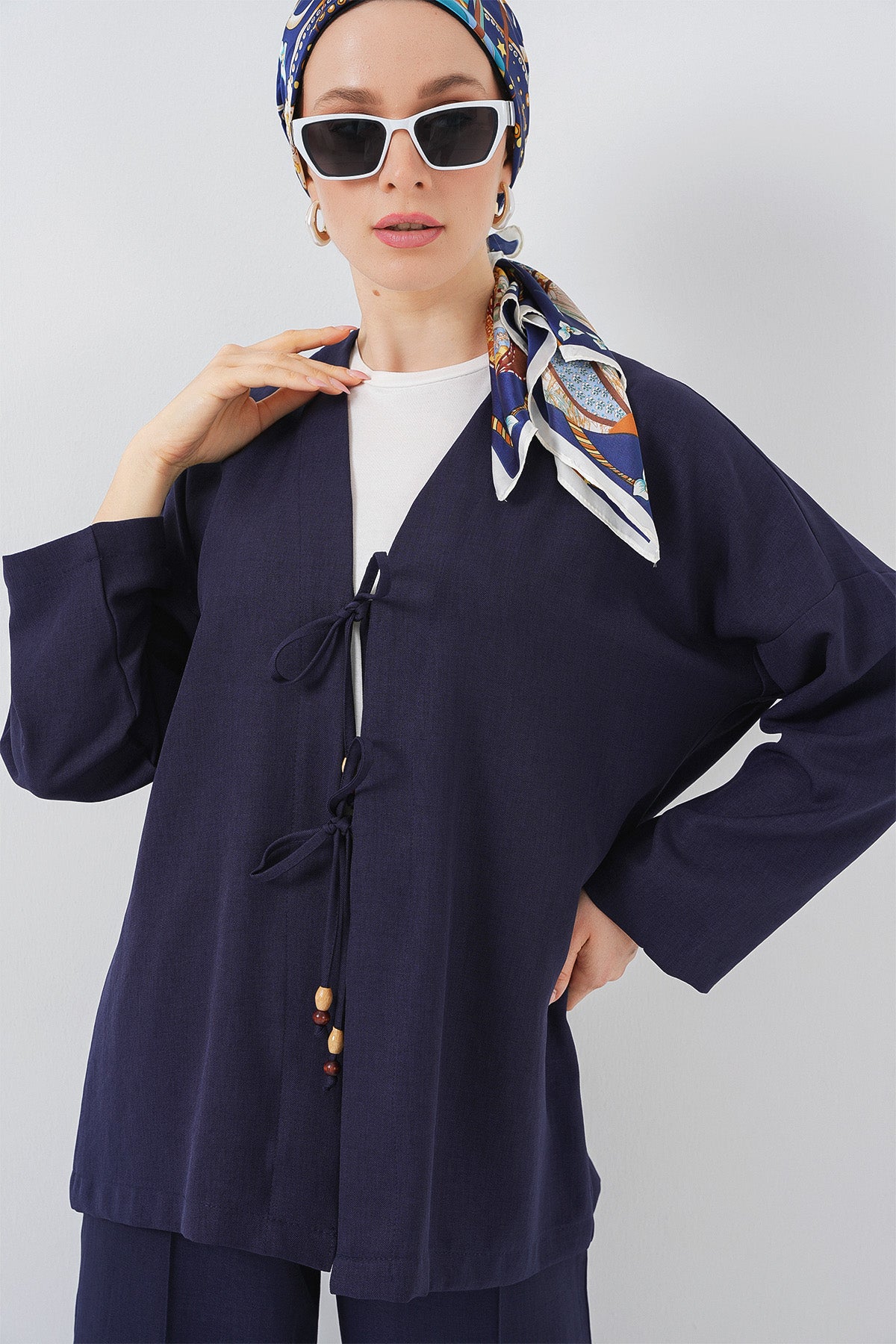 Kadın Keten Kimono İkili Takım 6727 - Lacivert