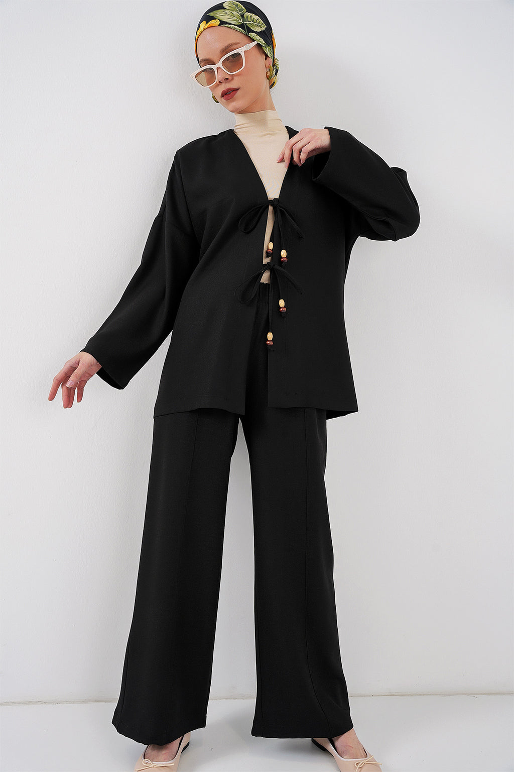 Kadın Keten Kimono İkili Takım 6727 - Siyah