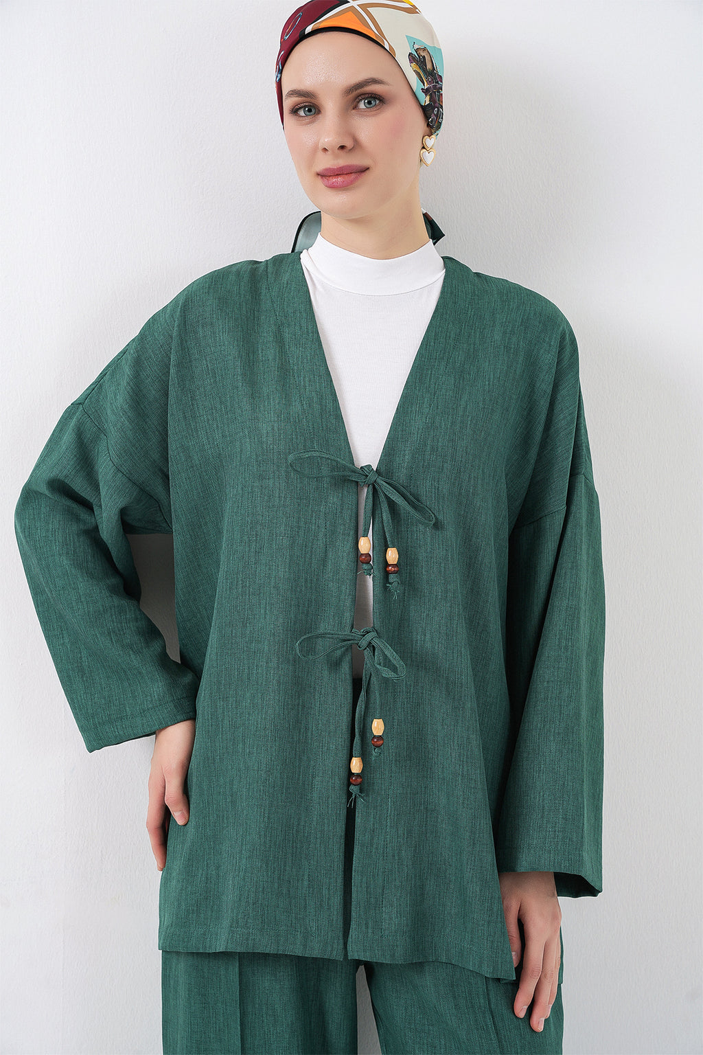 Kadın Keten Kimono İkili Takım 6727 - Zümrüt Yeşili