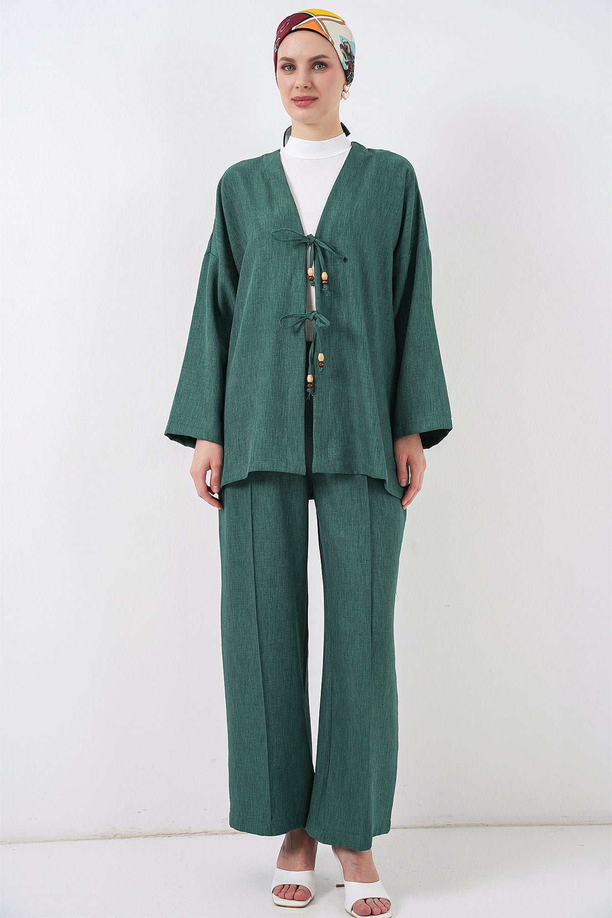 Kadın Keten Kimono İkili Takım 6727 - Zümrüt Yeşili