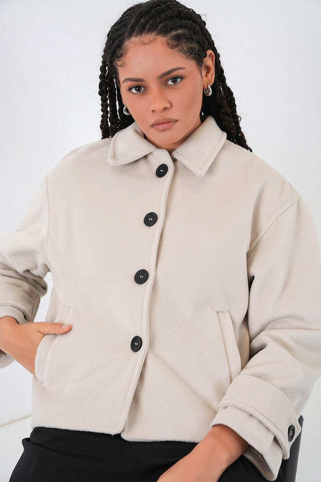 Kadın Kısa Kaşe Ceket 0724 - Ekru