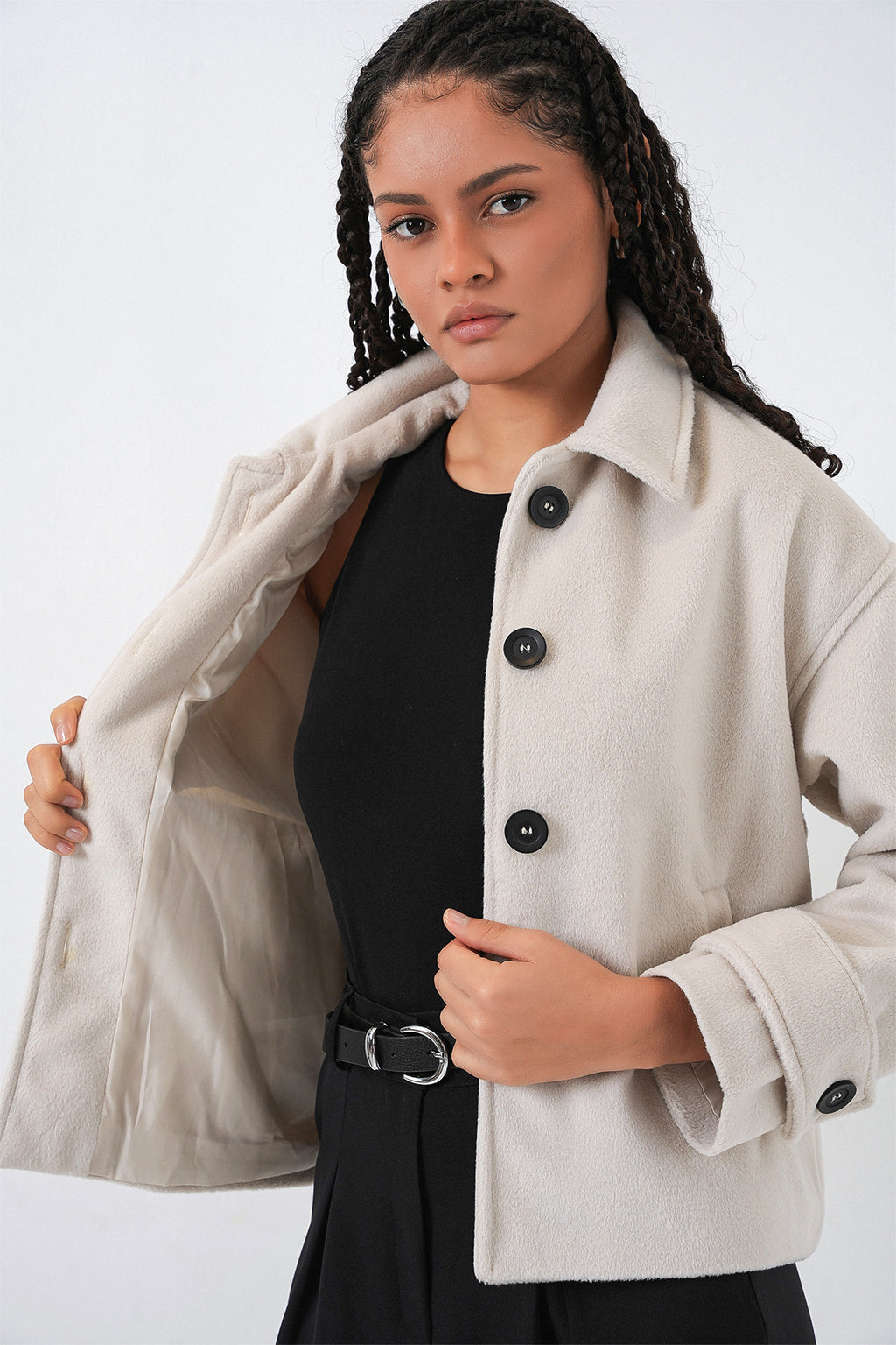 Kadın Kısa Kaşe Ceket 0724 - Ekru