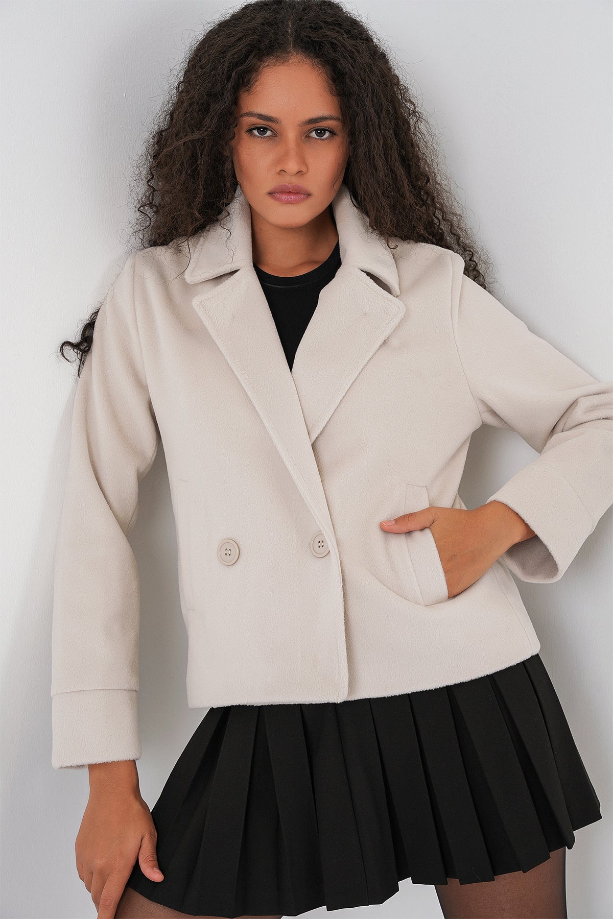 Kadın Kısa Kaşe Ceket 0725 - Ekru