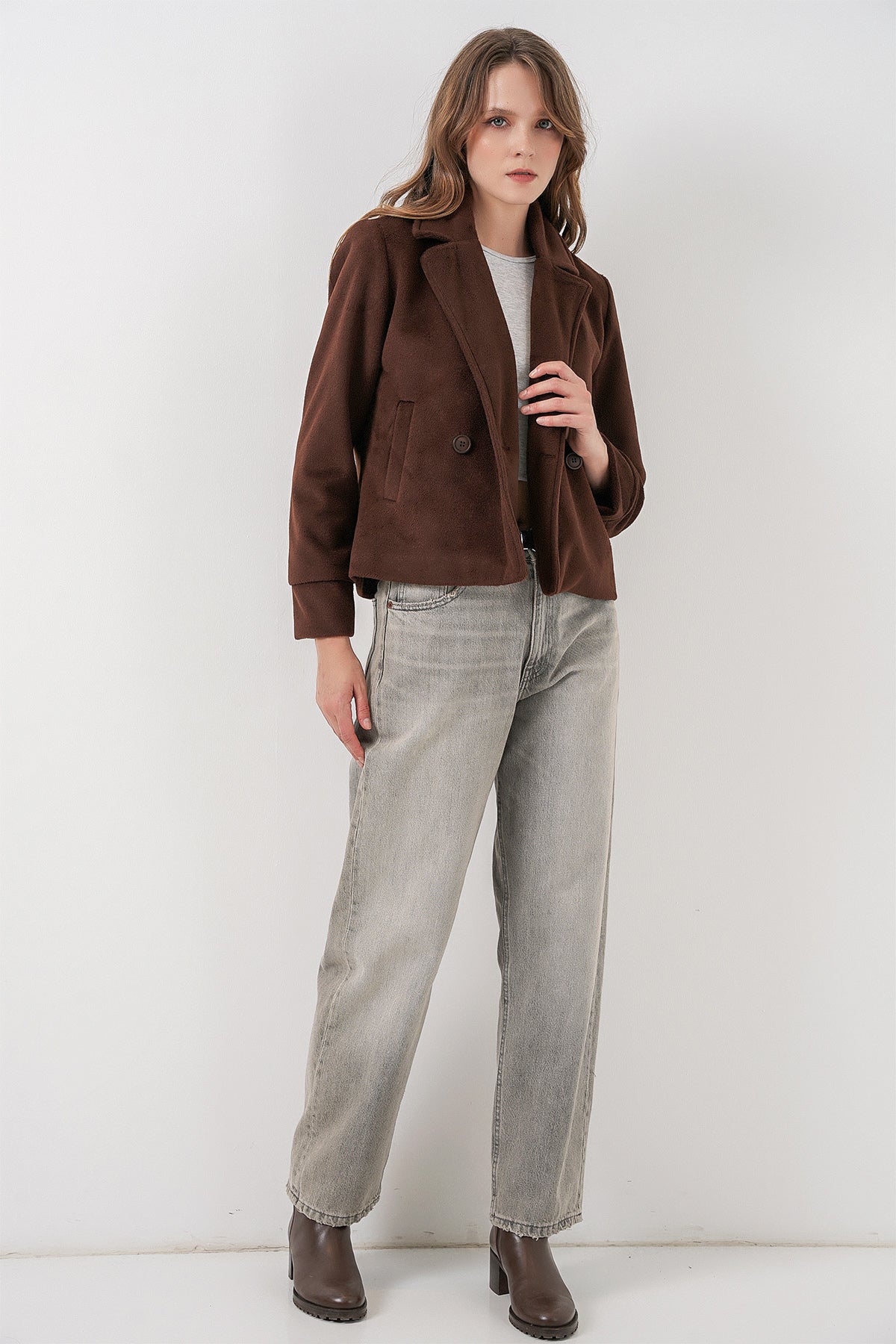 Kadın Kısa Kaşe Ceket 0725 - Kahverengi