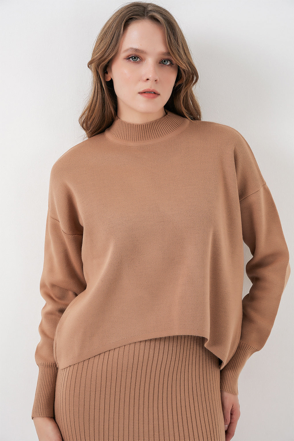 Kadın Kısa Kazaklı Triko Elbise 15958 - Camel